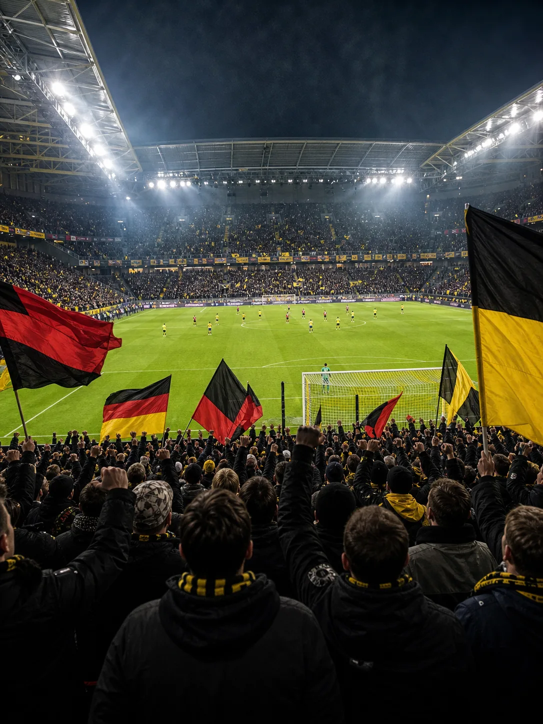 Fullsatt arena med läktare och match i Bundesliga